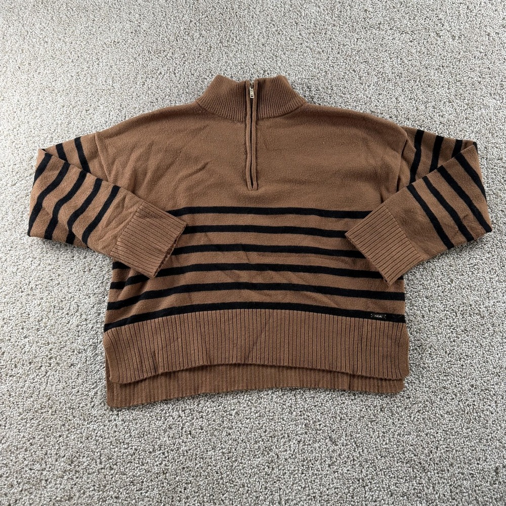 DKNY Sweater Womens XL Brown Striped Mock Neck 1/4 Zip Long Sleeve Pullover